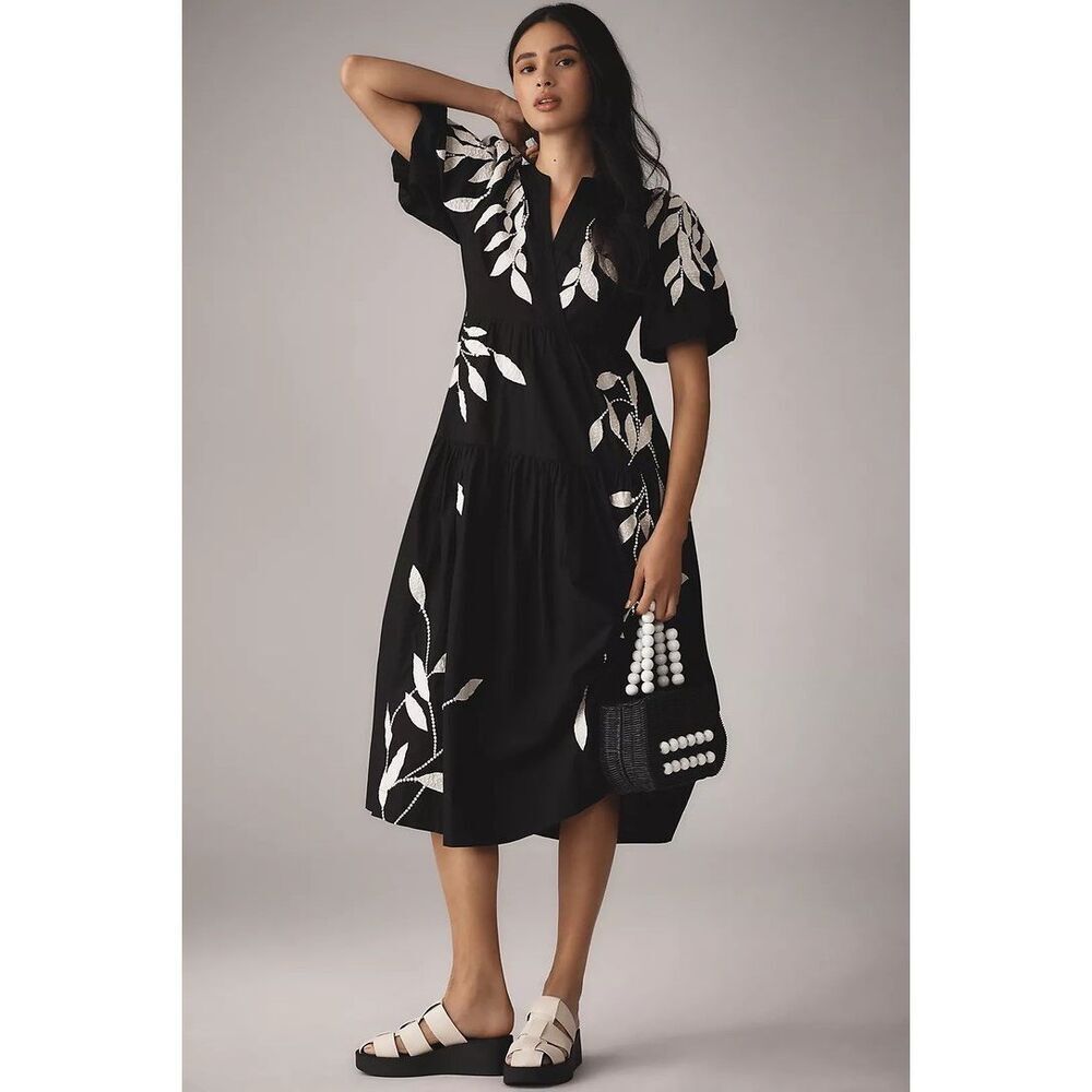 Anthropologie Short-Sleeve Embroidery Appliqué Midi Dress Medium Petite MP NEW